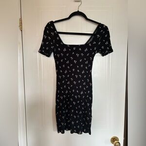 H&M Black Lace Trim Mini Dress with Pink Floral Print